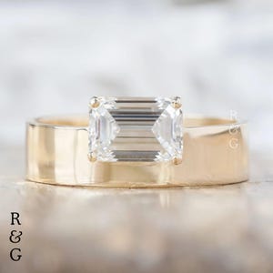 Emerald Cut Lab Diamond Ring, East-West Set Diamond Ring, Unique Diamond Cigar Band Ring, 14K Gold Engagement Ring, Gift For Her