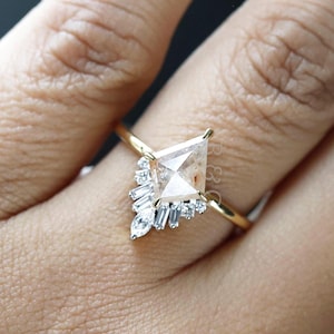 Kite Cut Salt and Pepper Diamond Ring, 14K Gold Kite Diamond Engagement Ring, One Of A Kind Diamond Ring, Personalized Gift For Her