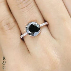 1.5 CT Round Black Diamond Ring, Black Diamond Solitaire Engagement Ring, 14K Rose Gold Black Ring, Anniversary Gift For Her