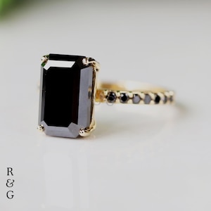 Emerald Cut Black Diamond Engagement Ring: 14K Gold Solitaire, Pavé Band