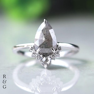 Unique Pear Salt and Pepper Diamond Ring, 14K Gold Sunburst Engagement Ring, Gray Diamond Ring, Gift For Her