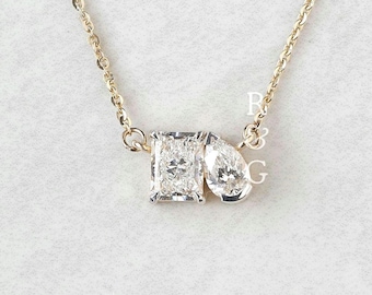14K Gold Lab Diamond Necklace, Toi Et Moi Pendant Necklace