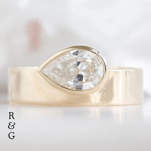 Pear Cut Lab Grown Diamond Ring, Pear Diamond East-West Ring, 14 K Gold Bezel Set Diamond Cigar Band Ring, Gift For Her