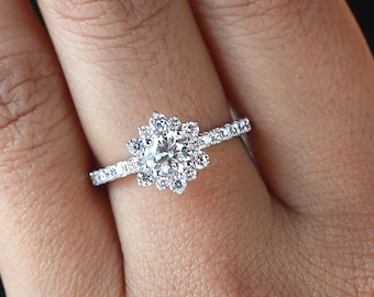 Lab Grown Diamond Halo Engagement Ring: 14K Two Tone Gold, Snowflake Style