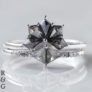 Unique Kite Salt and Pepper Diamond Ring Set, 14K White Gold Cluster Kite Diamond Engagement Ring Set, Stackable Wedding Ring Set