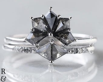 Kite Salt & Pepper Diamond Ring Set: 14K White Gold Engagement Rings