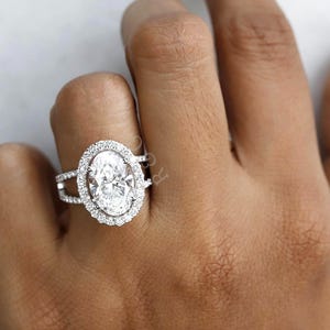 Oval Lab Grown Diamond Ring, 14K White Gold Halo Engagement Ring, Statement Ring, Ethical Diamond Ring