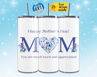 Mother's Day Floral Heart  20oz Skinny Tumbler Wrap,Sublimation Design, Digital Download PNG, Blue Flowers Tumbler Wrap,blue flowers tumbler