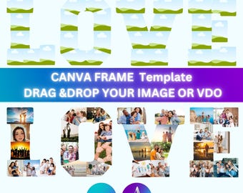 Plantilla de collage de fotos de Canva con letras y números, paquete de marcos de Canva, guión gráfico del alfabeto