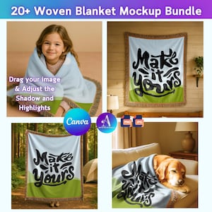Könnte beinhalten: Ein Mockup-Bundle mit gewebten Decken mit dem Text "Make it Yours". Die Decken haben einen weißen Hintergrund, schwarze Schrift und einen grünen Streifen. Das Bild zeigt ein Kind, das in eine Decke gehüllt ist, eine Decke an der Wand und einen Hund auf einem Sofa.