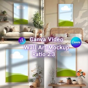 May include: Four framed wall art mockups with a 2:3 ratio. Each features a landscape design with a blue sky, white cloud, and green hills. The mockups are displayed in different interior settings, including a living room and bedroom.