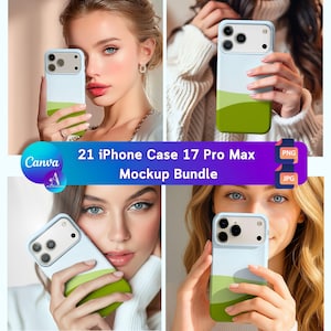 以下が含まれることがあります： 21個のiPhone 17 Pro Maxケースのモックアップバンドル。ケースは白、水色、緑のデザインです。画像には「21 iPhone Case 17 Pro Max Mockup Bundle」というテキストが含まれています。