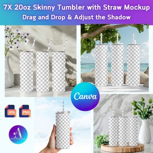 Puede incluir: Maqueta de siete vasos delgados de 20 onzas con pajitas. Los vasos son blancos con un patrón de cuadros transparentes. Los vasos están dispuestos en tres grupos: tres sobre una superficie blanca, tres sobre una superficie de madera y uno sostenido en una mano. La imagen incluye el texto "7X 20oz Skinny Tumbler with Straw Mockup" y "Drag and Drop & Adjust the Shadow".