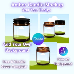 Op de afbeelding: Mockup van een amberkleurige glazen kaars met een wit label. Het label heeft een groene heuvel en een witte wolk. De achtergrond is een blauwe lucht met witte wolken. De tekst "Voeg uw ontwerp toe" staat bovenaan de afbeelding. De tekst "Voeg uw eigen achtergrond toe" staat onder de kaars. De tekst "Gratis 5 kaarshoes sjablonen" staat onderaan de afbeelding.