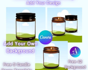 May include: Mockup of an amber glass candle with a white label. The label has a green hill and a white cloud. The background is a blue sky with white clouds. The text "Add Your Design" is at the top of the image. The text "Add Your Own Background" is below the candle. The text "Free 5 Candle Cover Template" is at the bottom of the image.