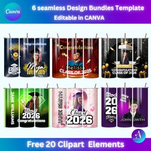 Pacote de design de copo fino de 20 onças para formatura, editável feito para si em CANVA, turma de 2025, sublimação, turma de 2025