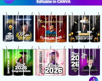 Graduation Tumbler Design Bundle, Class of 2026, Editable Canva Template (Digital Download)