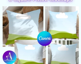 8 Square Pillows Mockups, Drag your Design and Adjust the shadow on the Canva Template