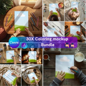 Könnte beinhalten: Eine Sammlung von Bildern, die ein Malvorlagen-Mockup-Bundle zeigen. Die Bilder zeigen Kinder, die auf Papier mit einem Wolken- und Landschaftsdesign malen. Buntstifte und Kreiden sind um die Szenen herum verstreut. Der Text "30X Coloring mockup Bundle" wird angezeigt.
