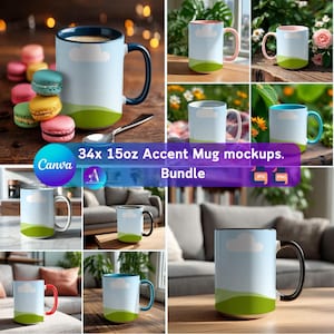 Puede incluir: Un conjunto de 34 maquetas de tazas de acento, cada una con una capacidad de 444 ml. Las tazas presentan un diseño azul cielo con una nube blanca y un paisaje verde. Se muestran varios colores de asa e interior.
