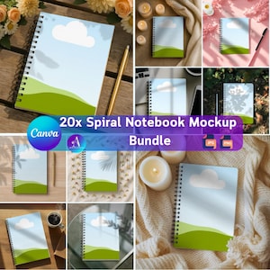 Könnte beinhalten: Eine Sammlung von Spiralnotizbüchern mit blauem Himmel und grünem Landschaftsdesign, mit einer Wolkengrafik. Das Bild enthält den Text "20x Spiral Notebook Mockup Bundle" sowie Canva- und JPG/PNG-Logos. Die Notizbücher werden in verschiedenen Umgebungen gezeigt.
