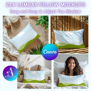 Könnte beinhalten: 21 Lendenkissen-Mockups mit einem hellblauen Kissen mit einem grünen und weißen Landschaftsdesign. Das Kissen wird in verschiedenen Umgebungen gezeigt, darunter auf einem Bett, einer Couch und in den Händen einer Person.