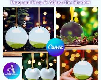 May include: A set of 38 Christmas ornament mockups featuring various shapes and designs, including round, heart, and clear glass ornaments. The ornaments are decorated with a simple landscape design, featuring a blue sky, white clouds, and green grass. The mockups are displayed against a variety of backgrounds, including a Christmas tree, a wooden table, and a blurred bokeh background.