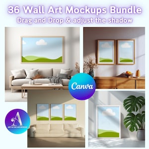 Modelos de mockups de arte de parede para Canva, basta arrastar e largar os seus desenhos e ajustar a sombra,downloads digitais PNG