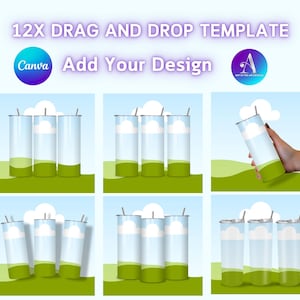 Könnte beinhalten: Zwölf Sublimationsvorlagen für 20 Unzen schlanke Becher. Jede Vorlage zeigt einen blauen Himmel mit weißen Wolken und grünem Gras. Der Text "12X DRAG AND DROP TEMPLATE" und "Canva Add Your Design" ist oben im Bild sichtbar.