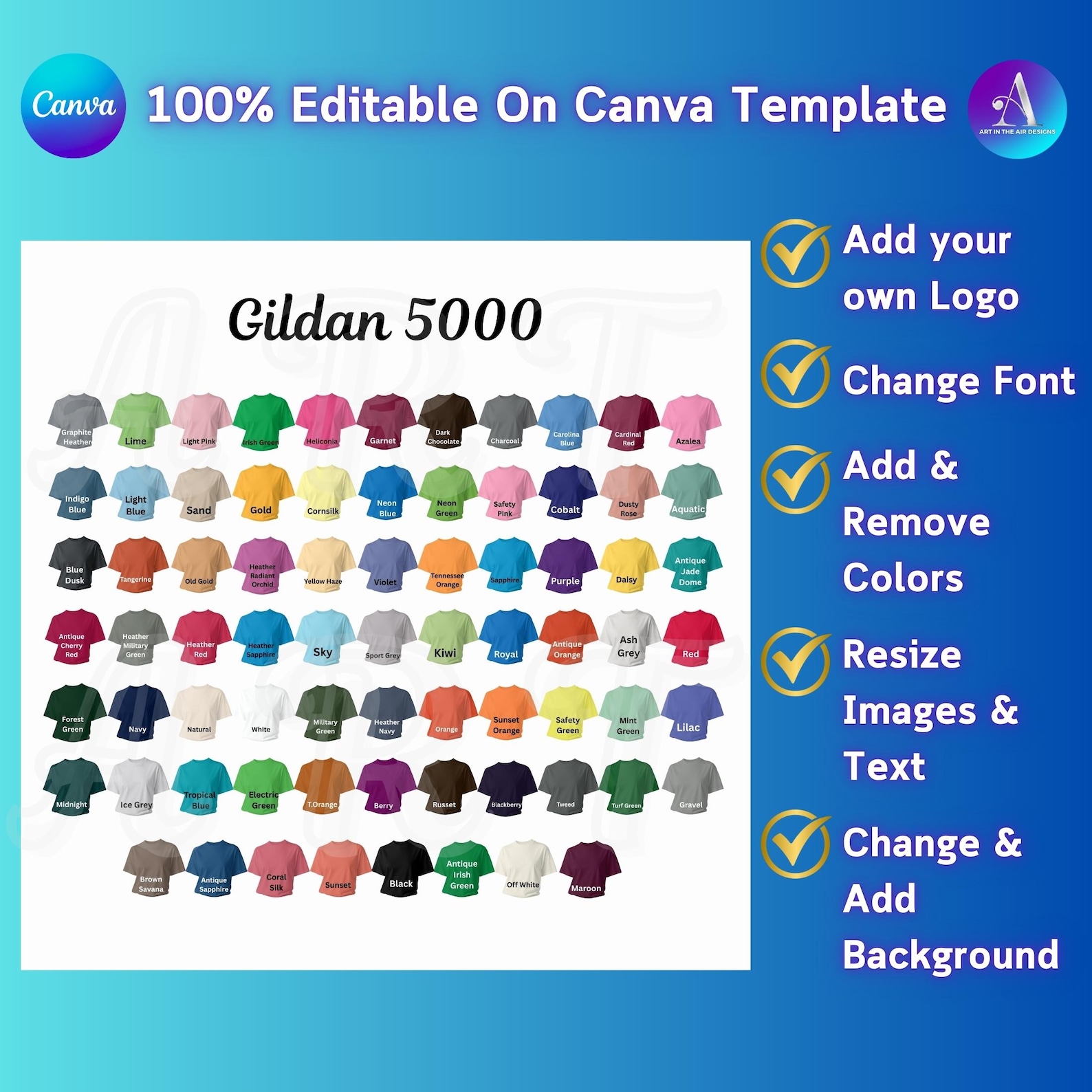 Gildan 5000 Color & Size Chart: Editable Canva Template - Etsy