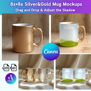 May include: Mockup of eight silver and gold mugs with different designs. The mugs are on a wooden surface and a white fabric surface. The text "Canva" is visible in the image.