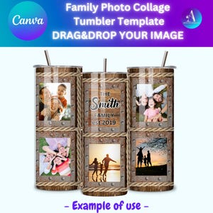 Modello di collage di foto di famiglia da 5 o 6 foto per tumbler sottile da 20 once, modello Canva trascina e rilascia, aggiungi la tua foto