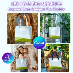 Può includere: Un set di 26 mock-up di borse tote con una borsa tote blu chiaro con un design di nuvola bianca ed erba verde. Le borse tote sono mostrate in diverse ambientazioni, tra cui una donna che tiene una borsa, una borsa appesa a un gancio e una borsa seduta su una sedia.