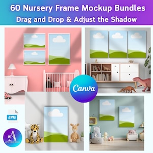 Könnte beinhalten: Ein Mockup-Bundle mit Designs für Kinderzimmerrahmen. Das Bild zeigt verschiedene gerahmte Kunstwerke mit einem Landschaftsdesign, die in verschiedenen Kinderzimmerumgebungen angezeigt werden. Der Text enthält "60 Nursery Frame Mockup Bundles" und "Drag and Drop & Adjust the Shadow."