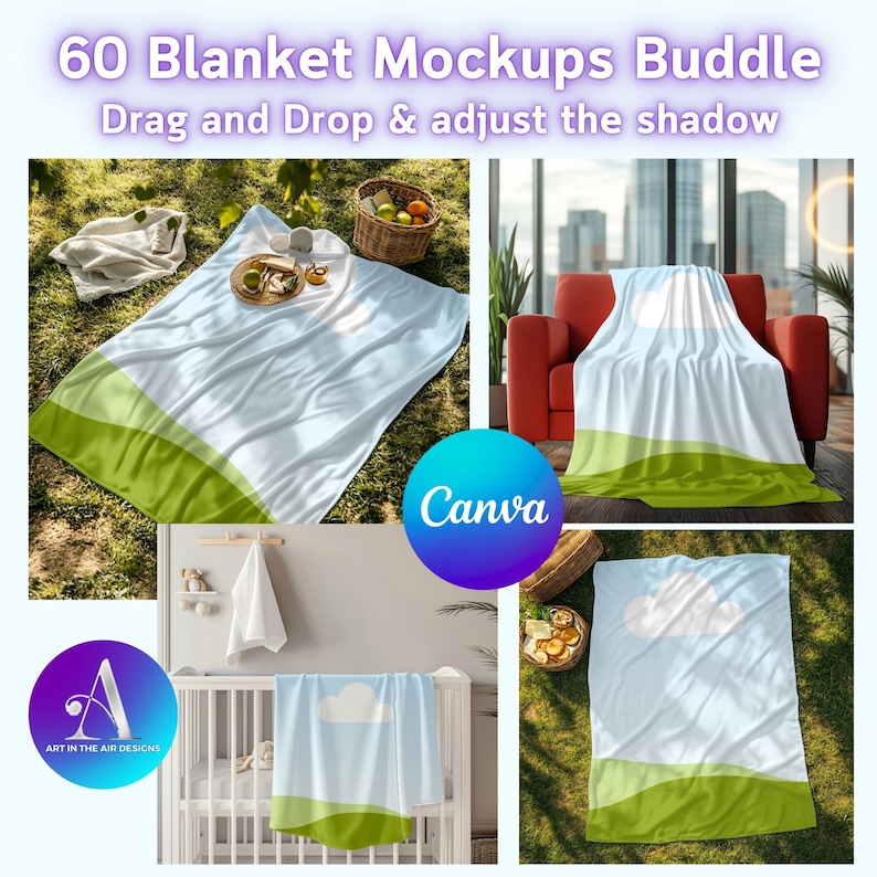 High-Quality Blanket Mockups for Canva template , just Drag and drop your designs and adjust the shadow , Including commercial use.