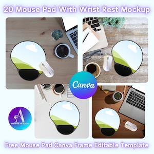 May include: A mockup of a 20 mouse pad with wrist rest template. The mouse pad is a light blue color with a green hill and a white cloud. The mouse pad is on a wooden surface with a laptop, a coffee cup, and a mouse. The text "Canva" is in a white circle on a blue background. The text "Free Mouse Pad Canva Frame Editable Template" is at the bottom of the image.
