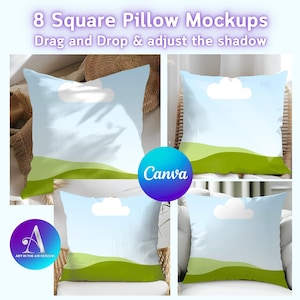 Puede incluir: Ocho maquetas de almohadas cuadradas con un diseño de cielo azul, nube blanca y hierba verde. Las maquetas se muestran en varias superficies, incluyendo sillas de mimbre y una mesa de madera. El texto "Drag and Drop & adjust the shadow" se muestra encima de las maquetas. El texto "Canva" se muestra en un círculo morado y azul debajo de las maquetas.