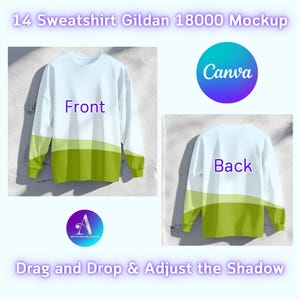 Op de afbeelding: Een mockup van een wit en groen Gildan 18000 sweatshirt. Het sweatshirt wordt van voren en achteren getoond. De tekst "Front" en "Back" is zichtbaar op het sweatshirt. De tekst "Drag and Drop & Adjust the Shadow" is zichtbaar onderaan de afbeelding.