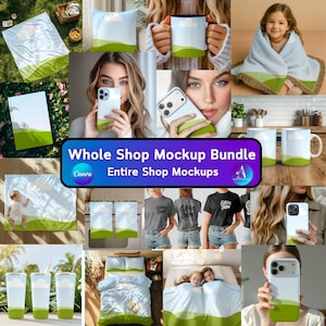 Può includere: Una collezione di mockup con un design coerente di un cielo blu con una nuvola bianca sopra un paesaggio verde. I prodotti includono coperte, tazze, custodie per telefoni, magliette e biancheria da letto. Il testo recita "Whole Shop Mockup Bundle" e "Entire Shop Mockups".
