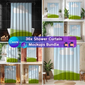 May include: A bundle of shower curtain mockups featuring a blue sky with a white cloud and green hills design. The text "36x Shower Curtain Mockups Bundle" is visible. The mockups are displayed in various bathroom settings.