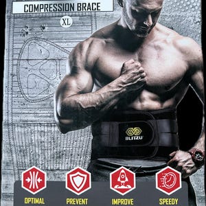 Puede incluir: Faja de compresión de espalda Blitzu negra y gris, talla XL, con el texto "Compresión óptima", "Prevenir lesiones", "Mejorar el rendimiento" y "Recuperación rápida".