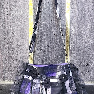 Violet Elegy Crossbody Bag – Gothic Patchwork Purse, Lace Ruffle, Floral Appliqué, Charm Tassel