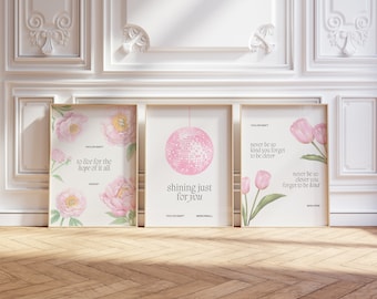 Taylor Swift Lyrics Poster Set Of 3 - August, Marjorie, Mirrorball - Flower Wall Art - for Swifties - Pink Digital Download - Swiftie Decor