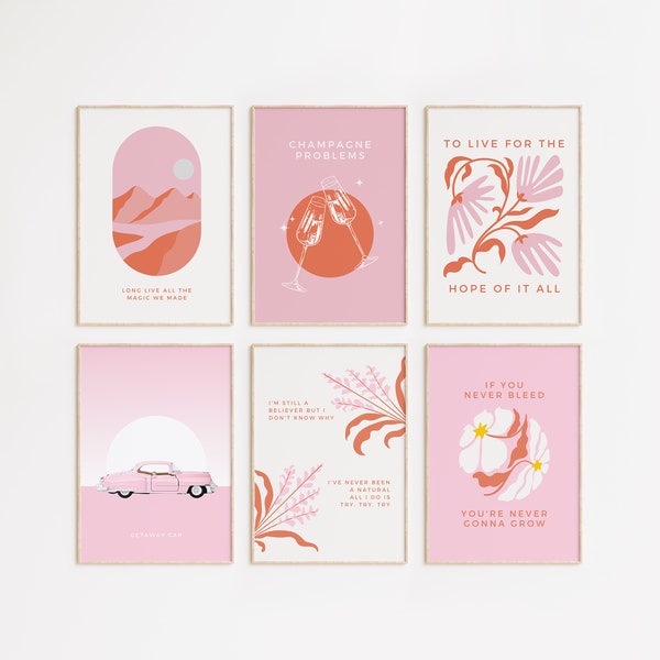 Taylor Swift Simple Poster Set Of 6 - Swiftie Print Bundle - Wall Art for Swifties - Digital Download- Pink Aesthetic Decor Minimal Pink