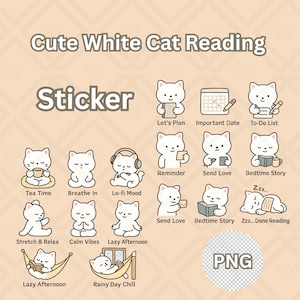 Cute White Cat Reading Stickers – Kawaii Digital Stickers ,PNG, Digital Download, Digital Planner, goodnotes stickers, transparent