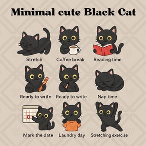 Minimal Black Cat Planner Stickers – Cute Digital PNG, Digital Download, , cat digital journaling set, transparent, goodnotes stickers