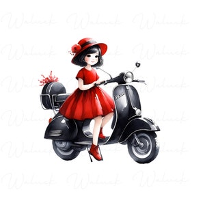Watercolor Cute girl and Vespa Vehicles Clipart Bundle, Vespa scooter clipart ,Digital Crafting, Digital ClipArt, Scrapbook, Watercolor PNG