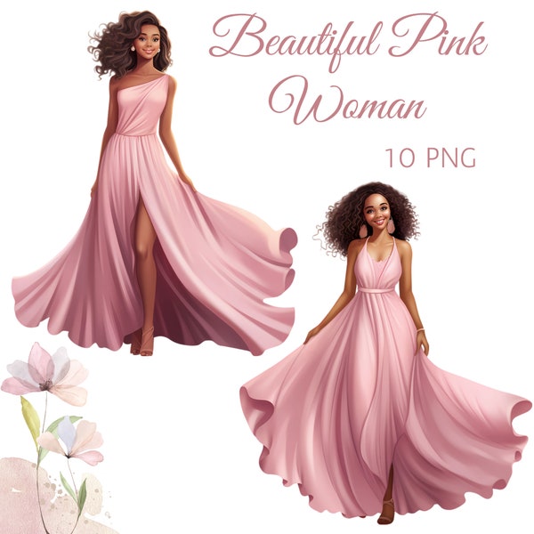 Beautiful Pink Woman Clipart, Transparent PNG, Digital, Black girl pink dress, Pretty Girl Card Making Scrapbook Junk Journal Commercial Use