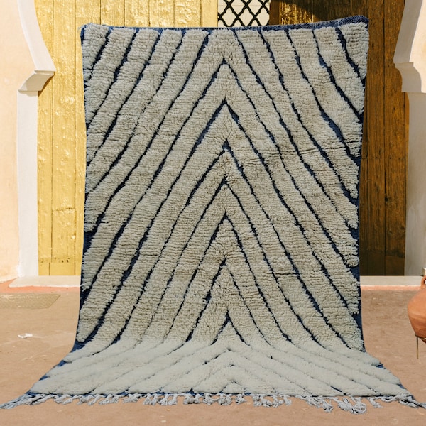 White and Blue Moroccan Berber Wool Rug, Handmade Area Rug, Custom Bohemian Rug, Woven Morocco Rug