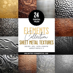May include: A digital file collection showcasing various sheet metal textures. The image displays a grid of diverse metallic patterns, including embossed floral designs, hammered surfaces, and brushed metal effects. The text reads "ELEMENTS Collection SHEET METAL TEXTURES".